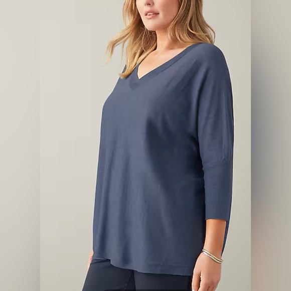 Pure Jill Oversized V-Neck Sweater, Blue, Drop Shoulder, 3/4 Length Sleeves, L - Picture 10 of 11